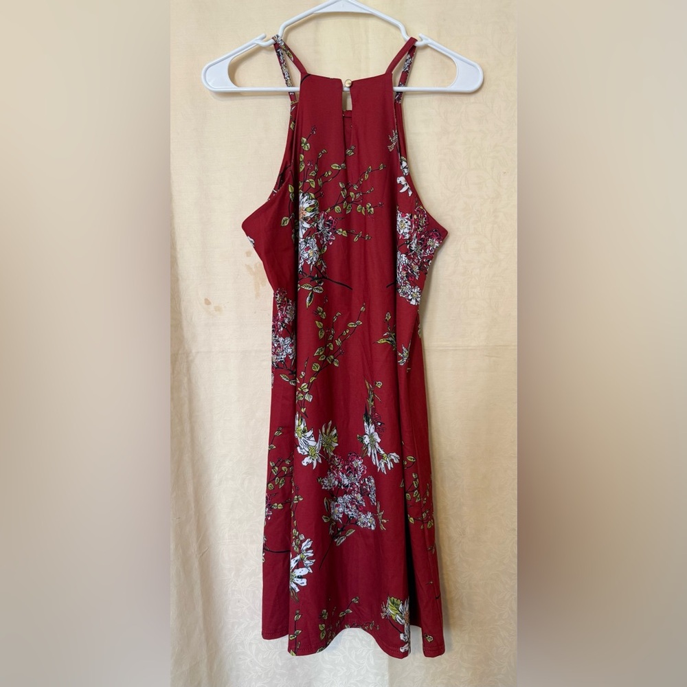 Burgundy Floral Print Dress, Women’s Size Medium, High Neck, Stretchy Knit Dress - Picture 5 of 8